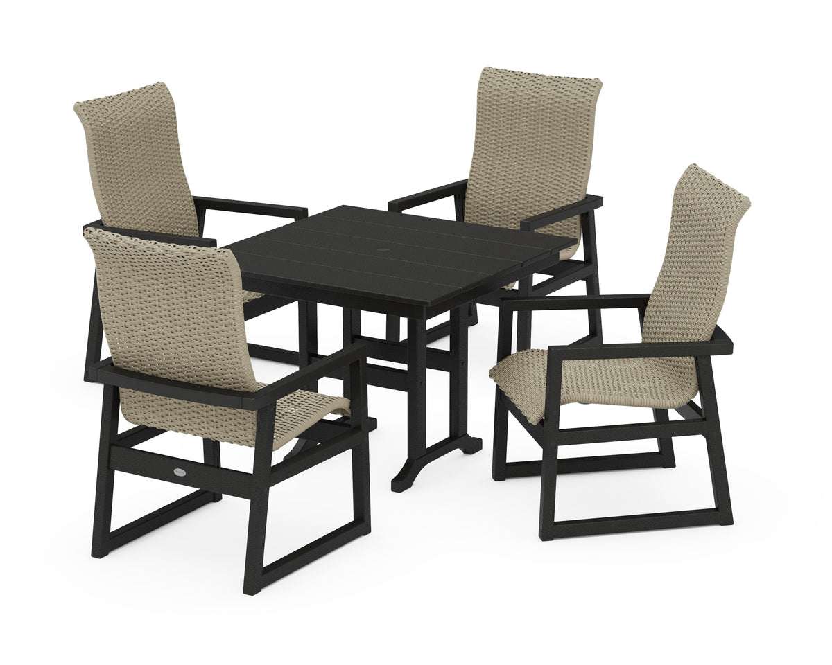POLYWOOD EDGE Woven High-Back 5-Piece Farmhouse Dining Set in Black / Dune Grass