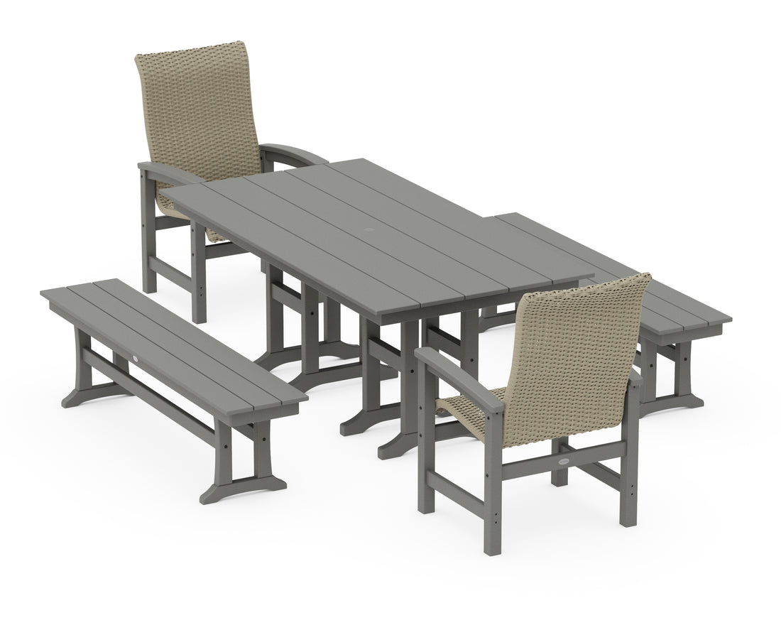 POLYWOOD Coastal Woven High-Back 5-Piece Farmhouse Dining Set with Benches in Slate Grey / Dune Grass