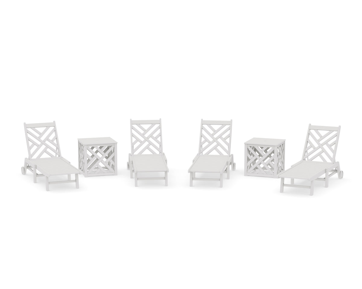 POLYWOOD Chippendale 6-Piece Chaise Set with Wheels and Umbrella Stand Accent Table in Vintage White