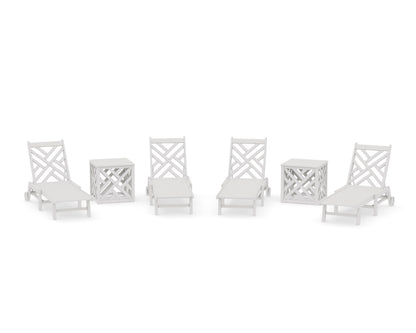 POLYWOOD Chippendale 6-Piece Chaise Set with Wheels and Umbrella Stand Accent Table in Vintage White