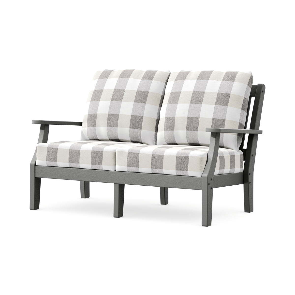 POLYWOOD Chinoiserie Deep Seating Loveseat in Slate Grey / Buffalo Plaid Grey Mist