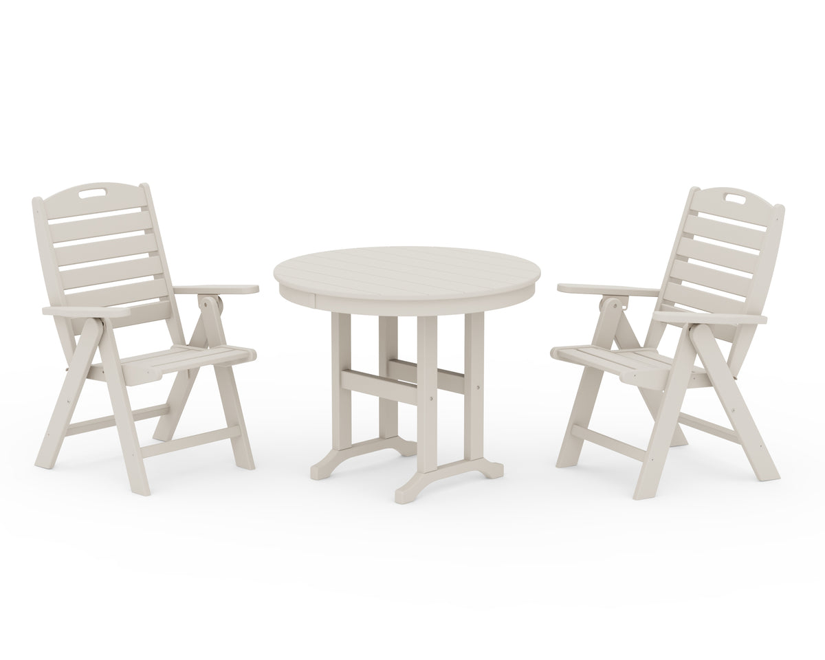 POLYWOOD Nautical Folding Highback Chair 3-Piece Round Dining Set in Sand