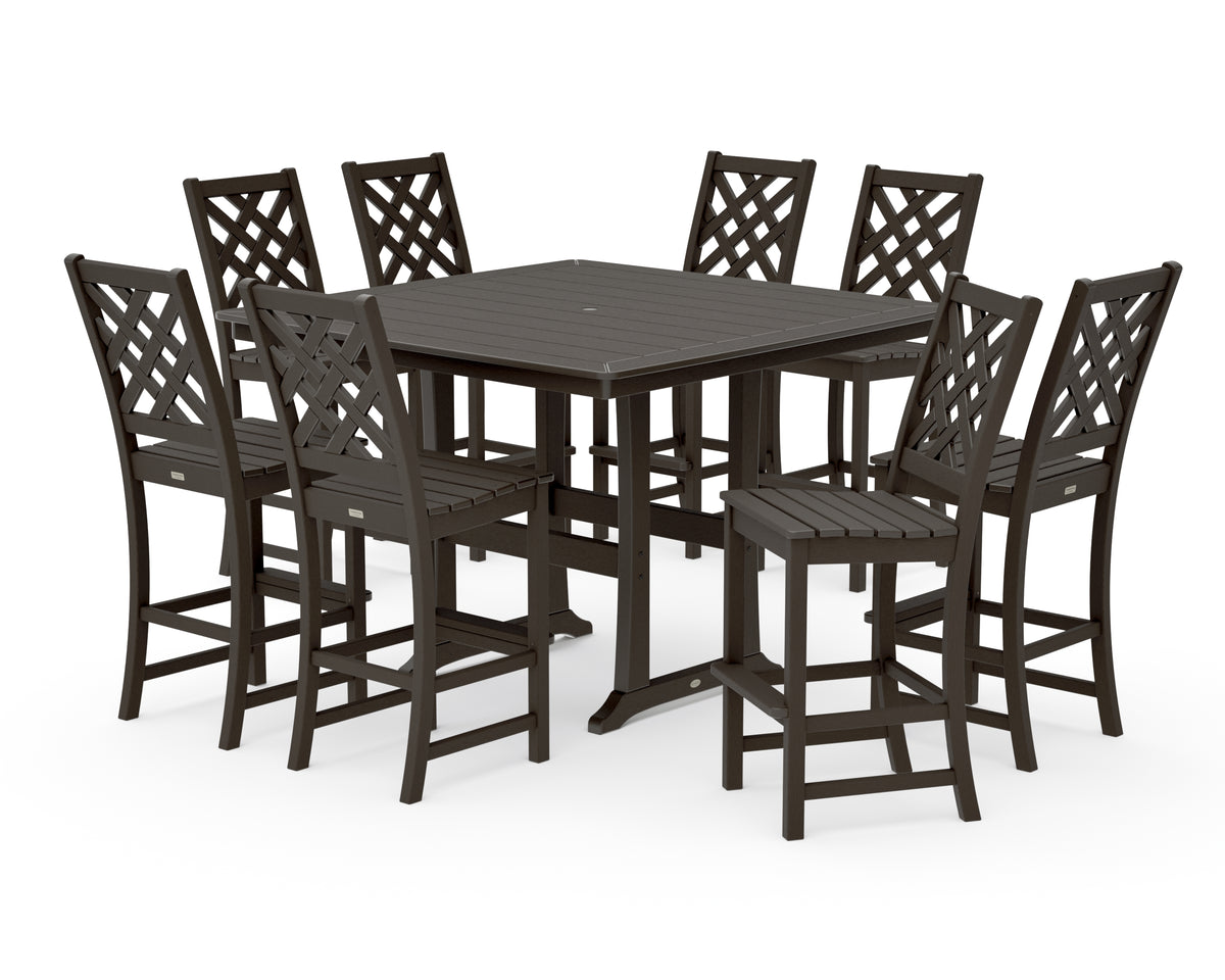 POLYWOOD Country Living Wovendale Side Chair 9-Piece Square Bar Set with Trestle Legs in Vintage Coffee