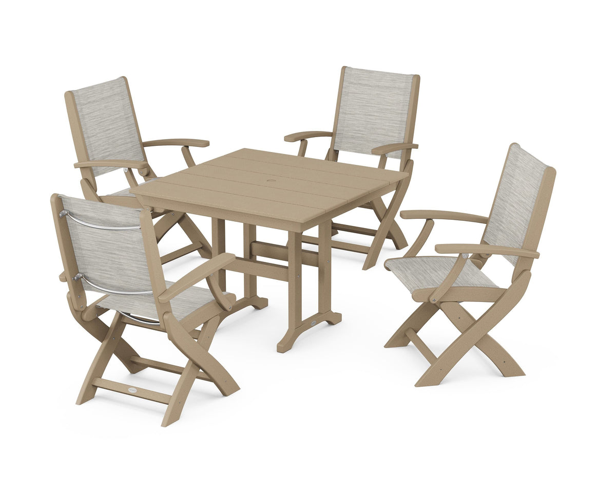 POLYWOOD Coastal Folding Chair 5-Piece Farmhouse Dining Set in Vintage Sahara / Birch