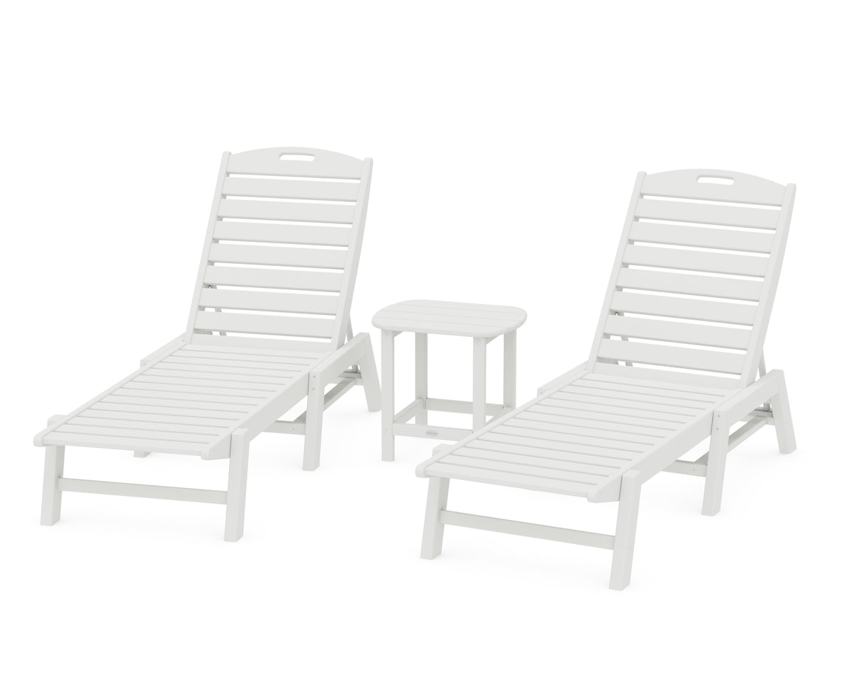 POLYWOOD Nautical 3-Piece Chaise Lounge Set with South Beach 18" Side Table in Vintage White