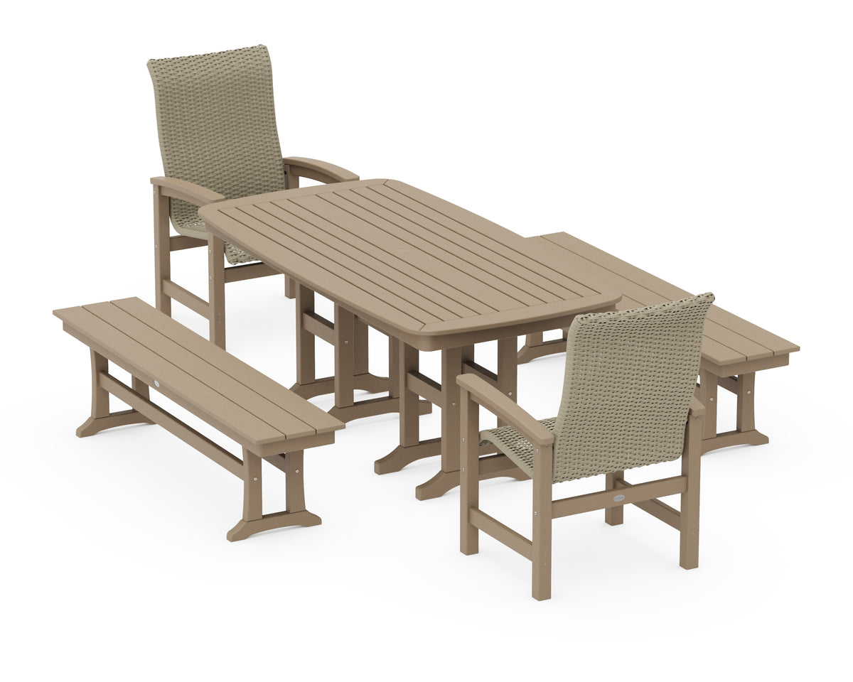 POLYWOOD Coastal Woven High-Back 5-Piece Dining Set with Benches in Vintage Sahara / Dune Grass