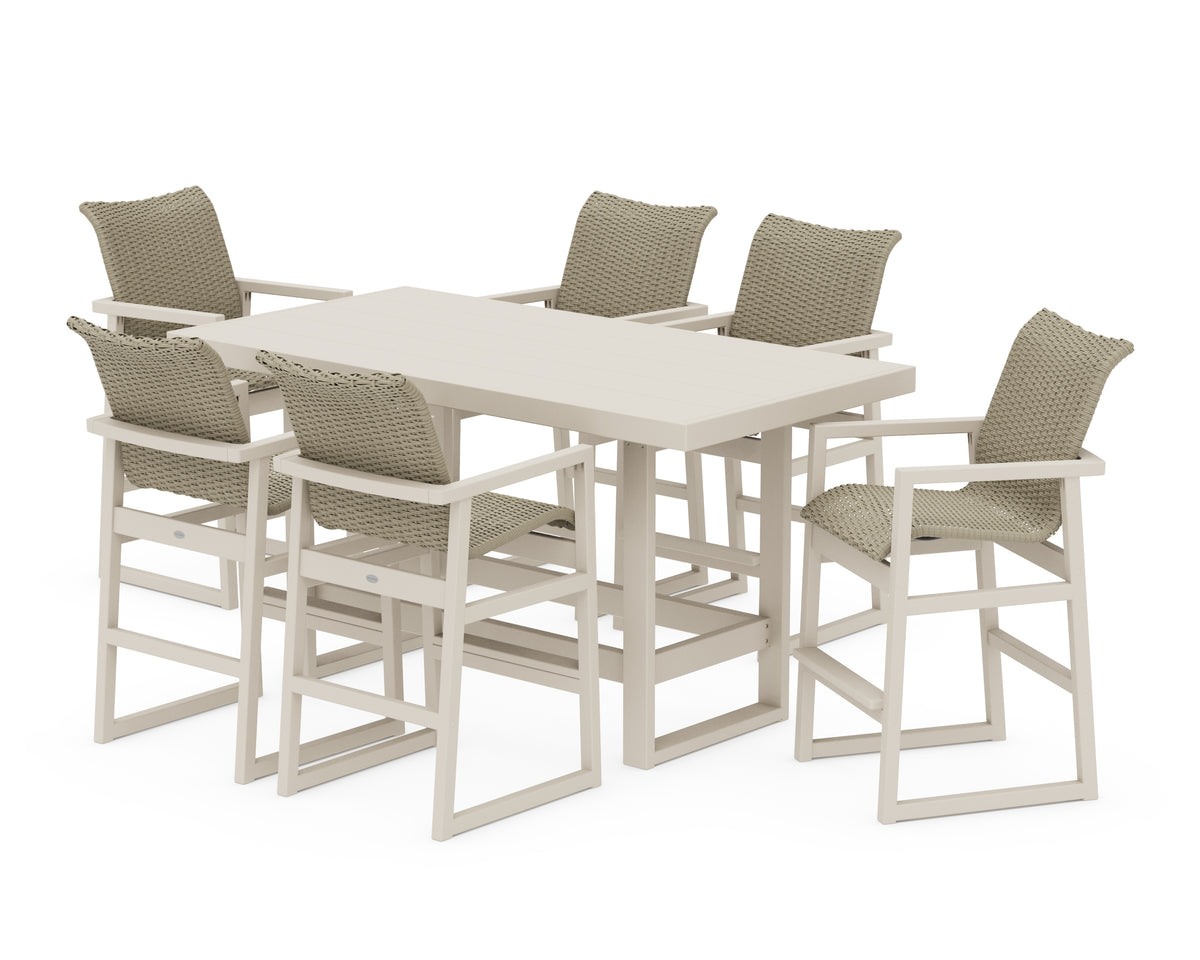 POLYWOOD EDGE Woven Arm Chair 7-Piece Bar Set in Sand / Dune Grass