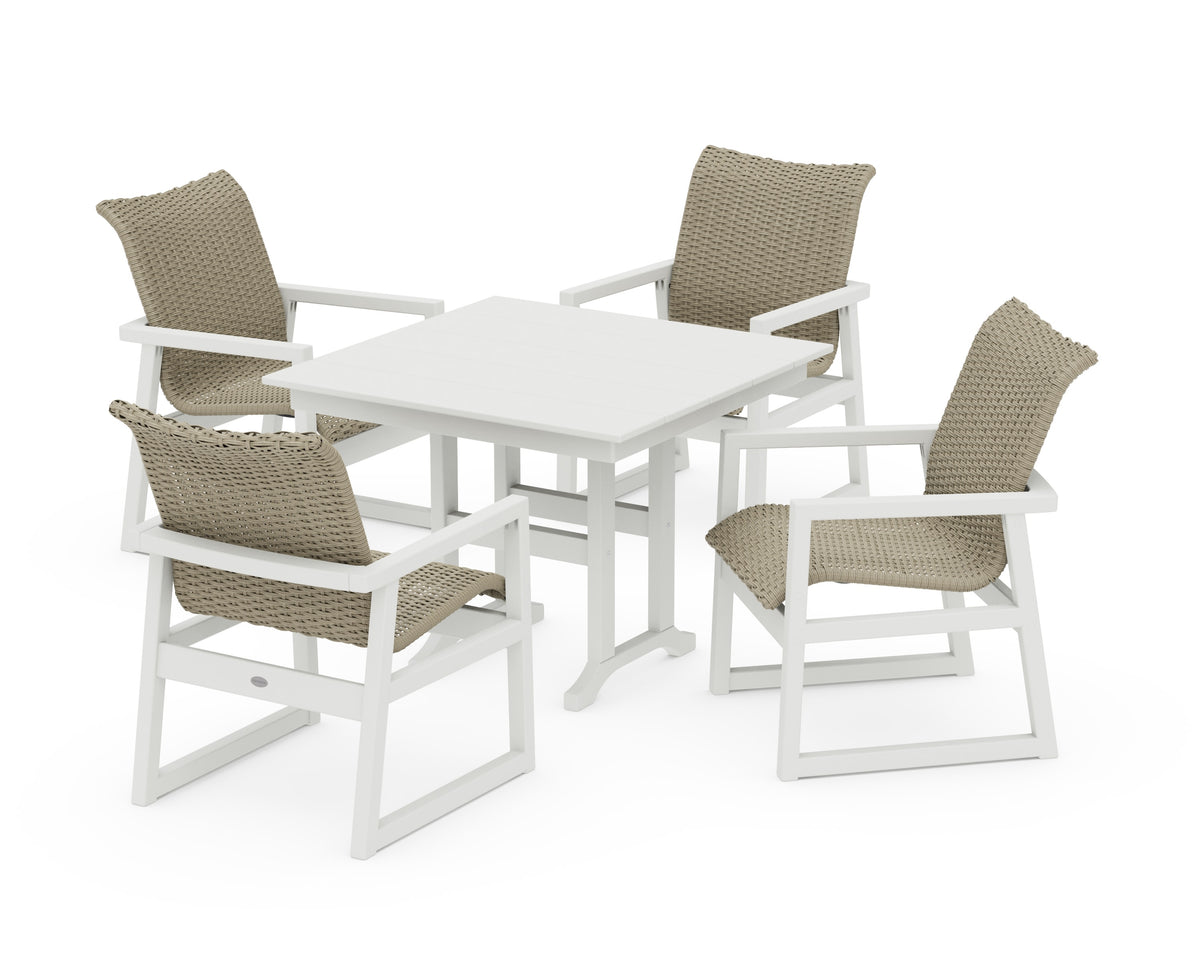 POLYWOOD EDGE Woven 5-Piece Farmhouse Dining Set in White / Dune Grass