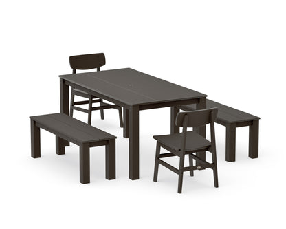 POLYWOOD Modern Studio Urban Chair 5-Piece Parsons Dining Set with Benches - 34" x 64" Table in Vintage Coffee