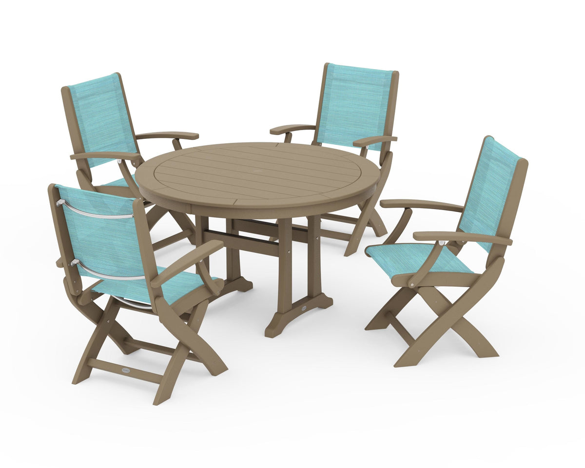 POLYWOOD Coastal Folding Chair 5-Piece Round Dining Set with Trestle Legs in Vintage Sahara / Dupioni Aquamarine