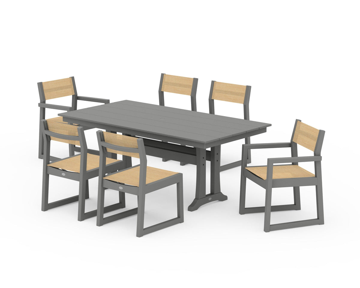 POLYWOOD EDGE Sling 7-Piece Farmhouse Trestle Dining Set in Slate Grey / Dupioni Apricot