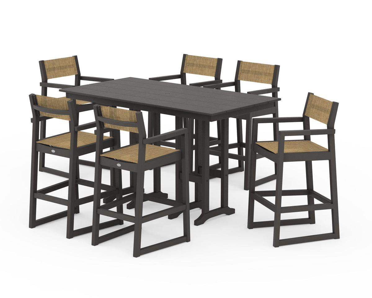 POLYWOOD EDGE Sling Arm Chair 7-Piece Farmhouse Bar Set in Vintage Coffee / Burlap