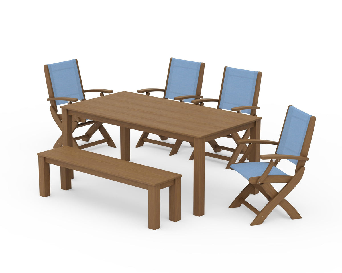POLYWOOD Coastal Folding Chair 6-Piece Parsons Dining Set with Bench in Natural / Poolside