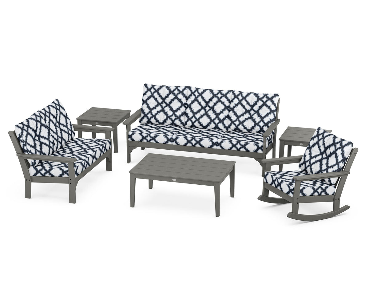 POLYWOOD Vineyard 6-Piece Deep Seating Set with Rocking Chair in Slate Grey / Trellis Marine Indigo