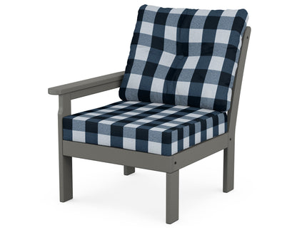 POLYWOOD Vineyard Modular Left Arm Chair in Slate Grey / Buffalo Plaid Marine Indigo