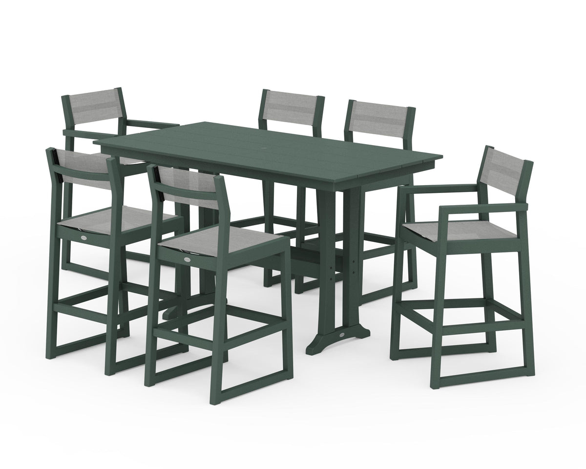 POLYWOOD EDGE Sling 7-Piece Farmhouse Bar Set with Trestle Legs in Green / Metallic
