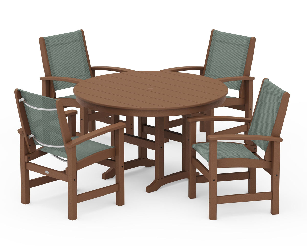 POLYWOOD Coastal 5-Piece Round Farmhouse Dining Set in Teak / Dupioni Sea Mist