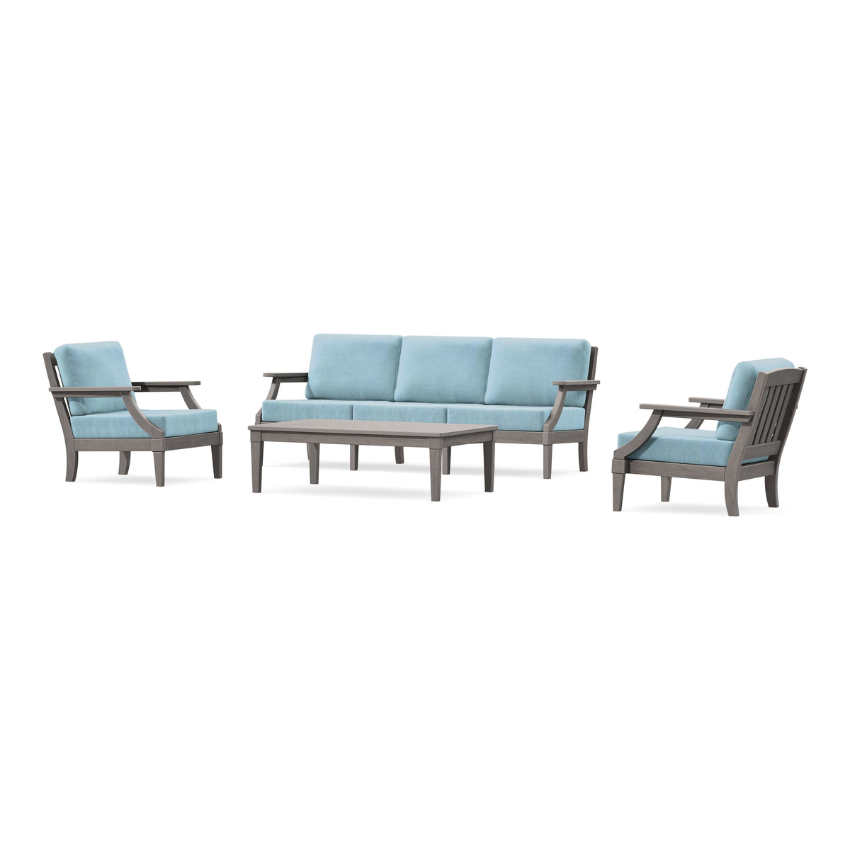 POLYWOOD PW Designer Series Estate 4-Piece Lounge Sofa Set in Driftwood / Lattice Sky Blue