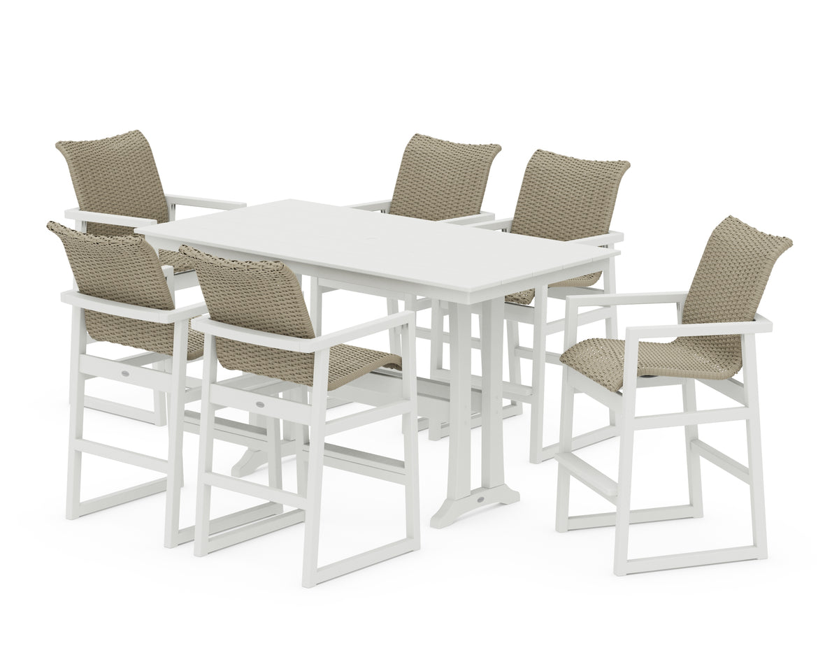 POLYWOOD EDGE Woven Arm Chair 7-Piece Farmhouse Bar Set with Trestle Legs in Vintage White / Dune Grass