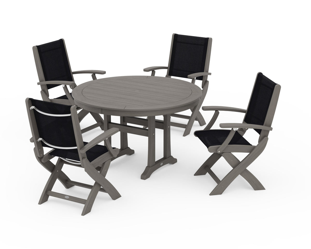 POLYWOOD Coastal Folding Chair 5-Piece Round Dining Set with Trestle Legs in Driftwood / Black