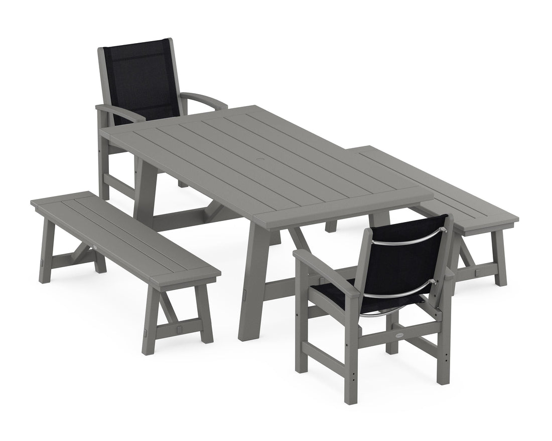 POLYWOOD Coastal 5-Piece Rustic Farmhouse Dining Set With Benches in Slate Grey / Black