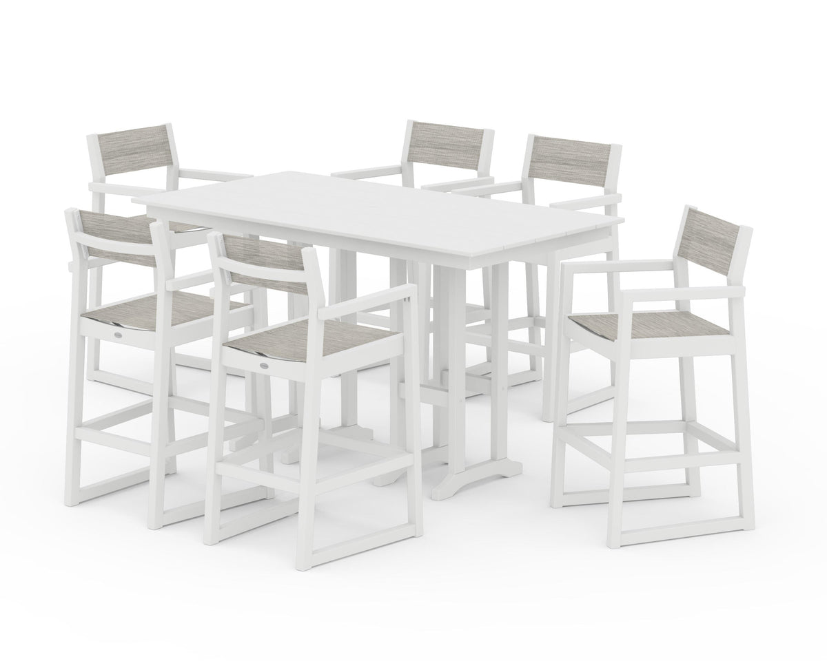 POLYWOOD EDGE Sling Arm Chair 7-Piece Farmhouse Bar Set in White / Birch
