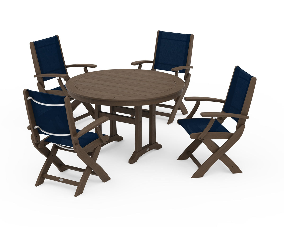 POLYWOOD Coastal Folding Chair 5-Piece Round Dining Set with Trestle Legs in Kona / Navy Blue