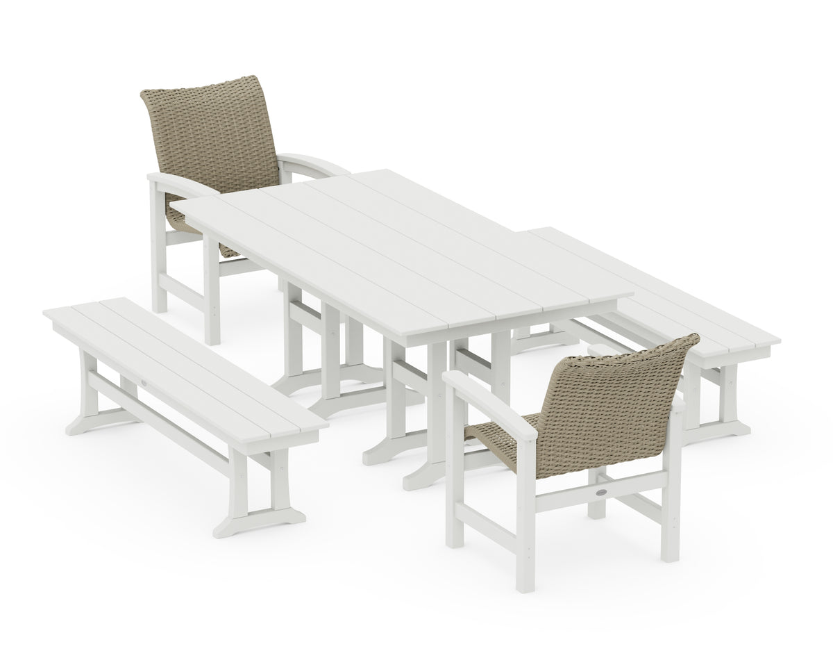 POLYWOOD Coastal Woven 5-Piece Farmhouse Dining Set with Benches in Vintage White / Dune Grass