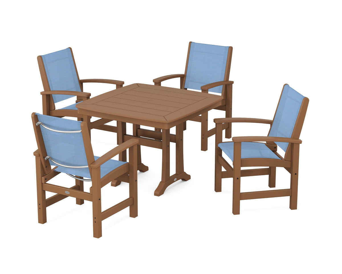 POLYWOOD Coastal 5-Piece Dining Set with Trestle Legs with Nautical Trestle 37" Dining Table in Teak / Poolside