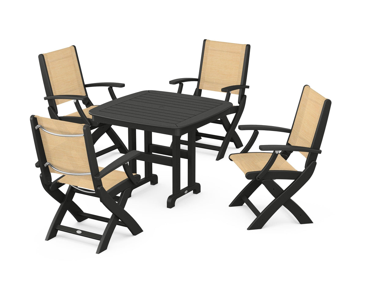 POLYWOOD Coastal Folding Chair 5-Piece Dining Set with Nautical 37" Dining Table in Black / Dupioni Apricot