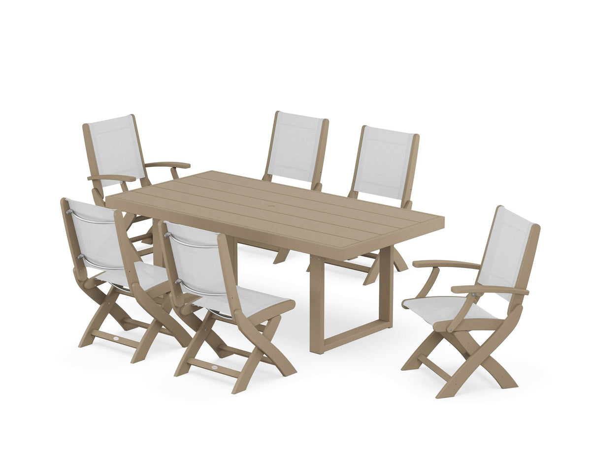 POLYWOOD Coastal Folding Chair 7-Piece Dining Set with Trestle Legs with EDGE 40" x 78" Dining Table in Vintage Sahara / White
