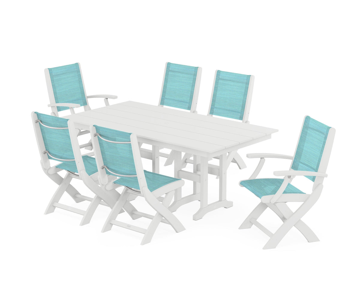 POLYWOOD Coastal Folding Chair 7-Piece Farmhouse Dining Set in White / Dupioni Aquamarine