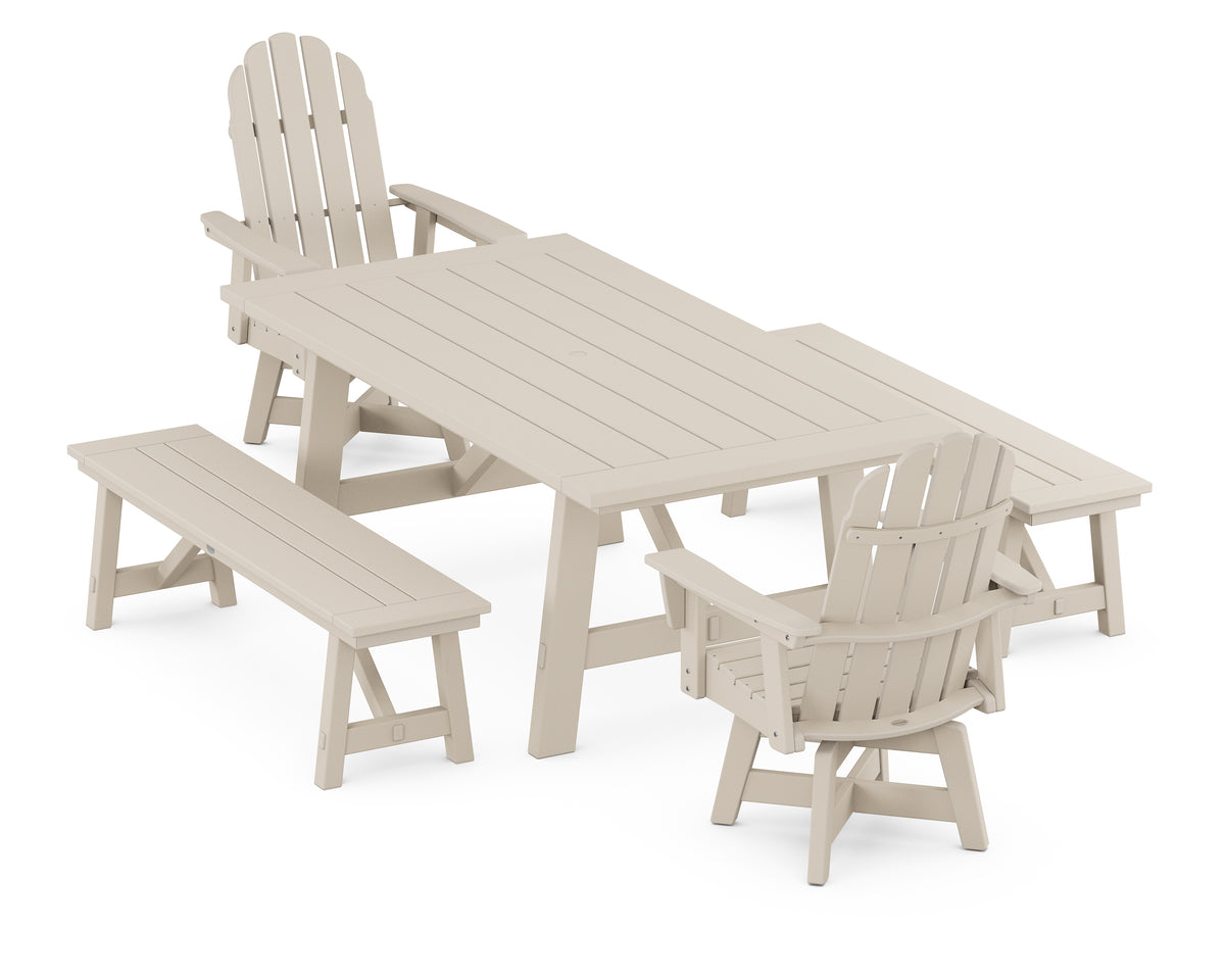 POLYWOOD Vineyard Curveback Adirondack Swivel Chair 5-Piece Rustic Farmhouse Dining Set with Benches in Sand