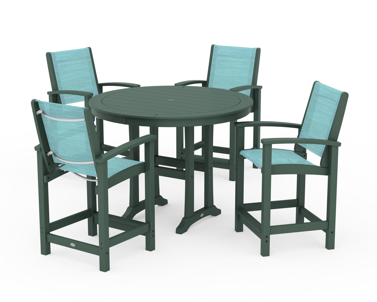 POLYWOOD Coastal 5-Piece Counter Set in Green / Dupioni Aquamarine