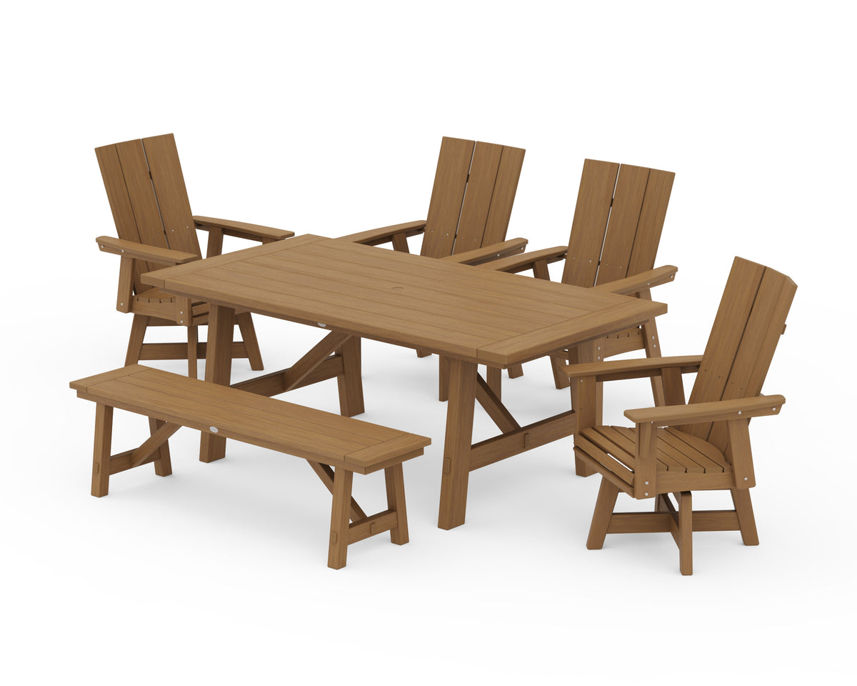 POLYWOOD Modern Curveback Adirondack Swivel Chair 6-Piece Rustic Farmhouse Dining Set with Bench in Natural