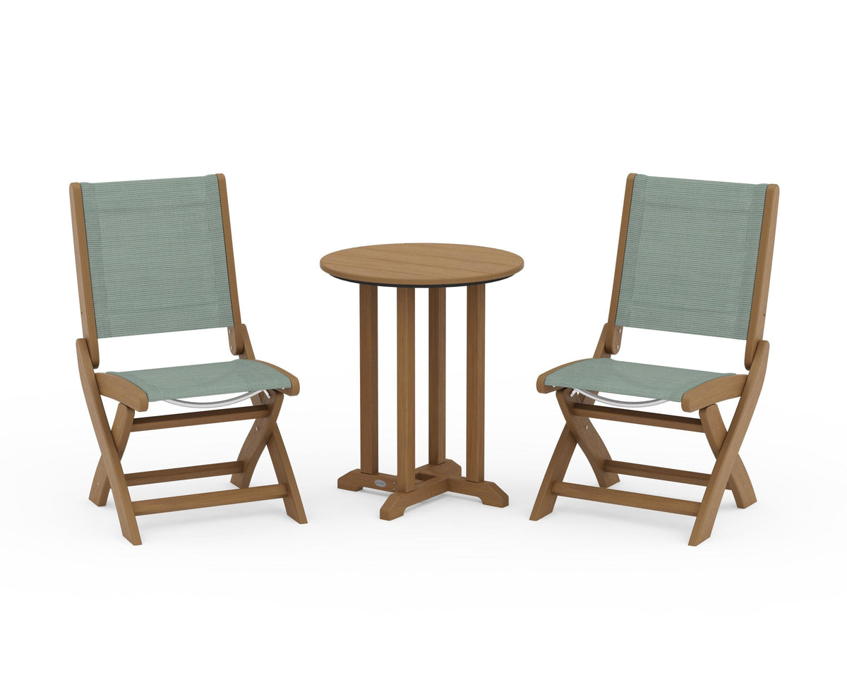 POLYWOOD Coastal Folding Side Chair 3-Piece Round Bistro Dining Set in Natural / Dupioni Sea Mist