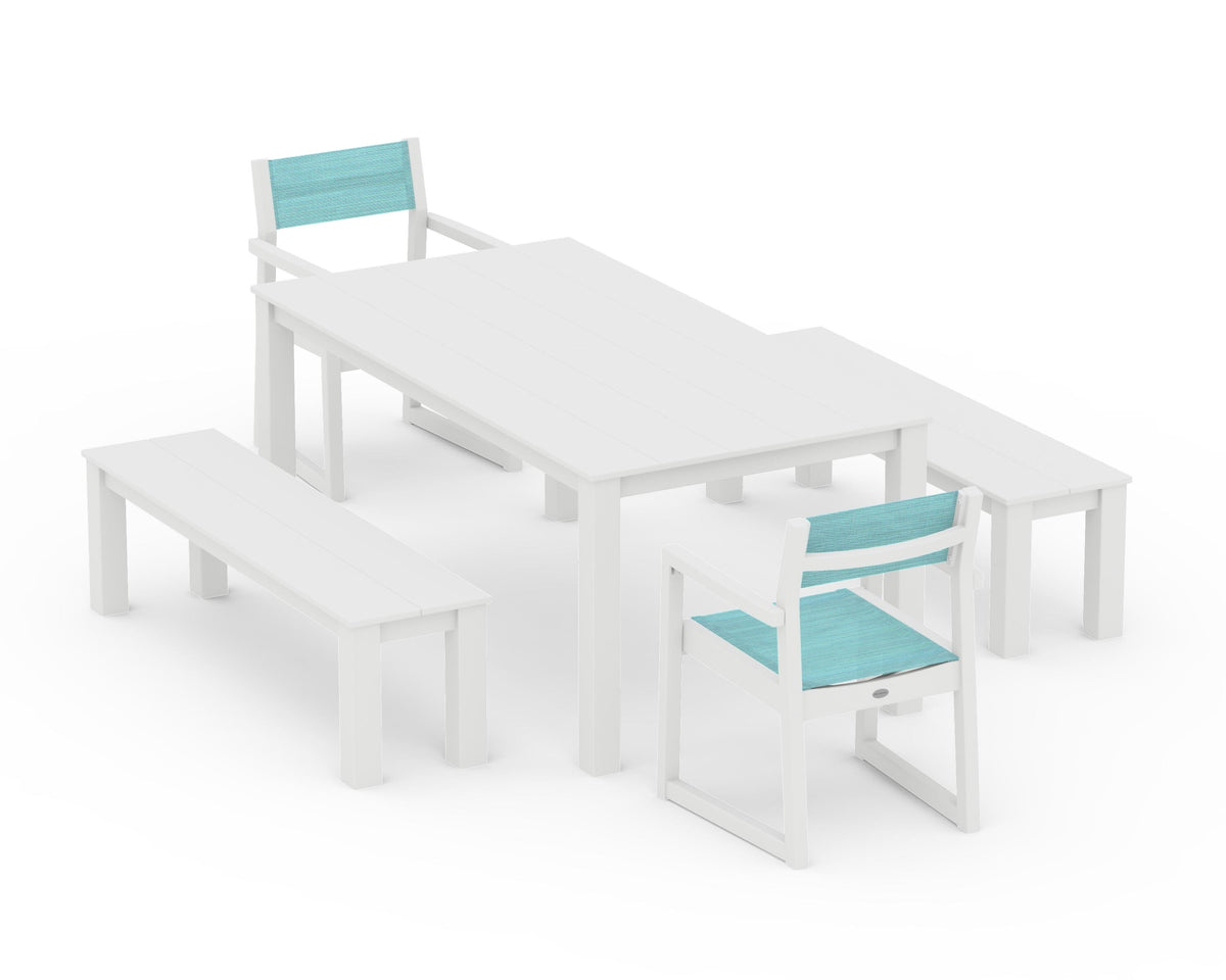 POLYWOOD EDGE Sling Arm Chair 5-Piece Parsons Dining Set with Benches in White / Dupioni Aquamarine