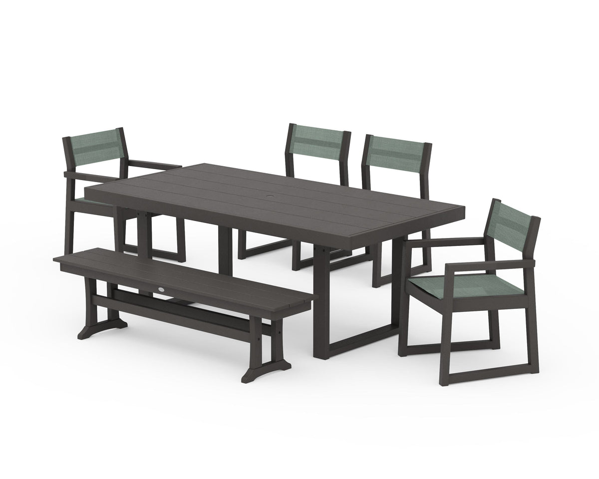 POLYWOOD EDGE Sling 6-Piece Dining Set with Bench in Vintage Coffee / Dupioni Sea Mist