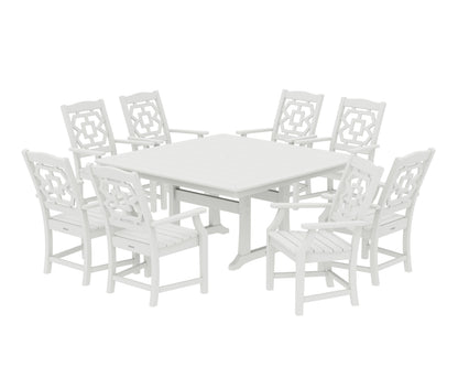 POLYWOOD Chinoiserie 9-Piece Square Dining Set with Trestle Legs in Vintage White
