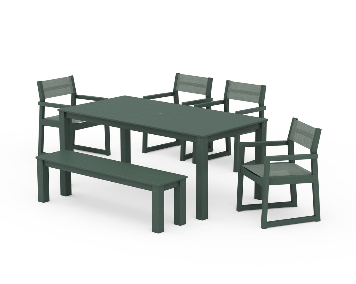 POLYWOOD EDGE Sling Arm Chair 6-Piece Parsons Dining Set with Bench in Green / Dupioni Sea Mist