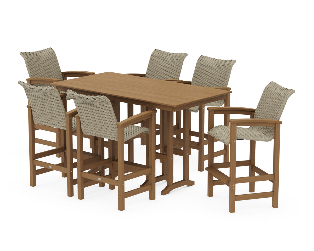 POLYWOOD Coastal Woven Arm Chair 7-Piece Farmhouse Bar Set in Natural / Dune Grass