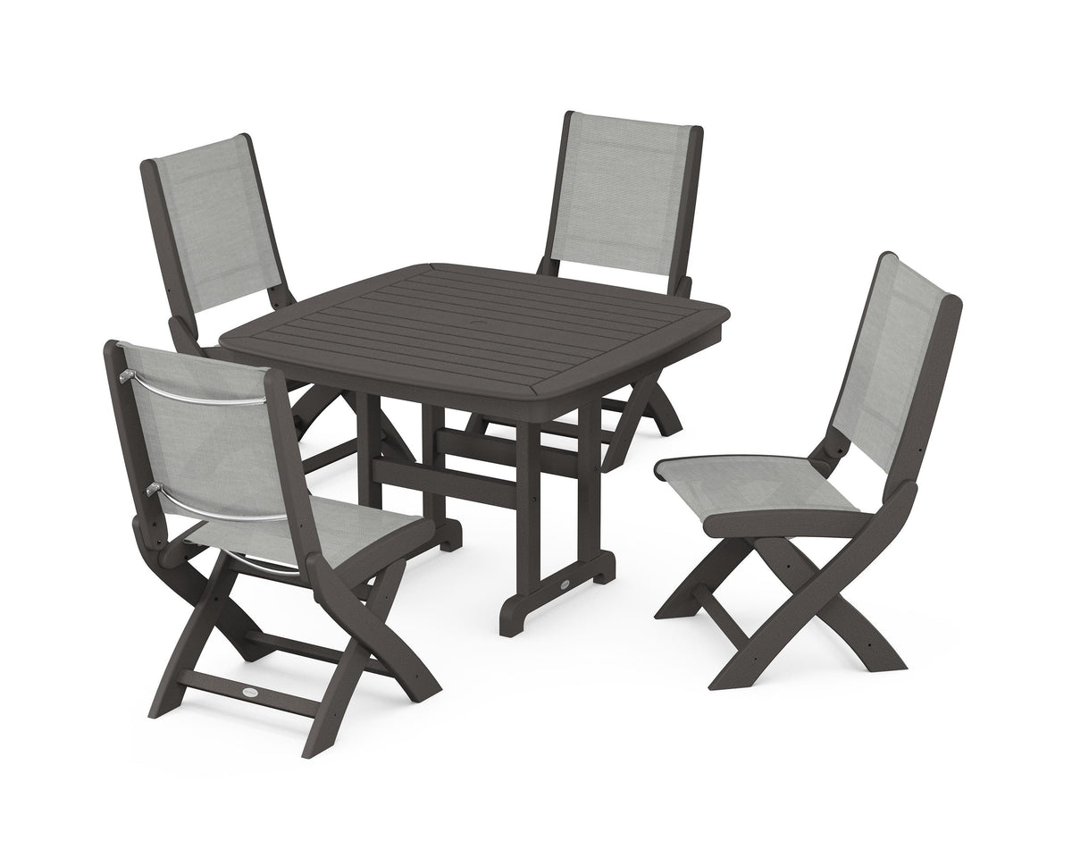 POLYWOOD Coastal Folding Side Chair 5-Piece Dining Set with Nautical 44" Dining Table in Vintage Coffee / Metallic