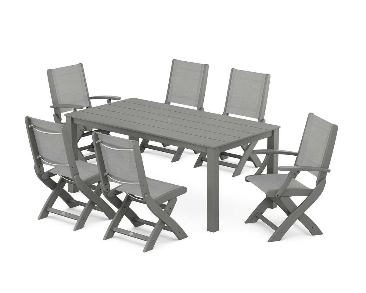 POLYWOOD Coastal Folding Chair 7-Piece Parsons Dining Set with Coastal Folding Side Chair in Slate Grey / Metallic