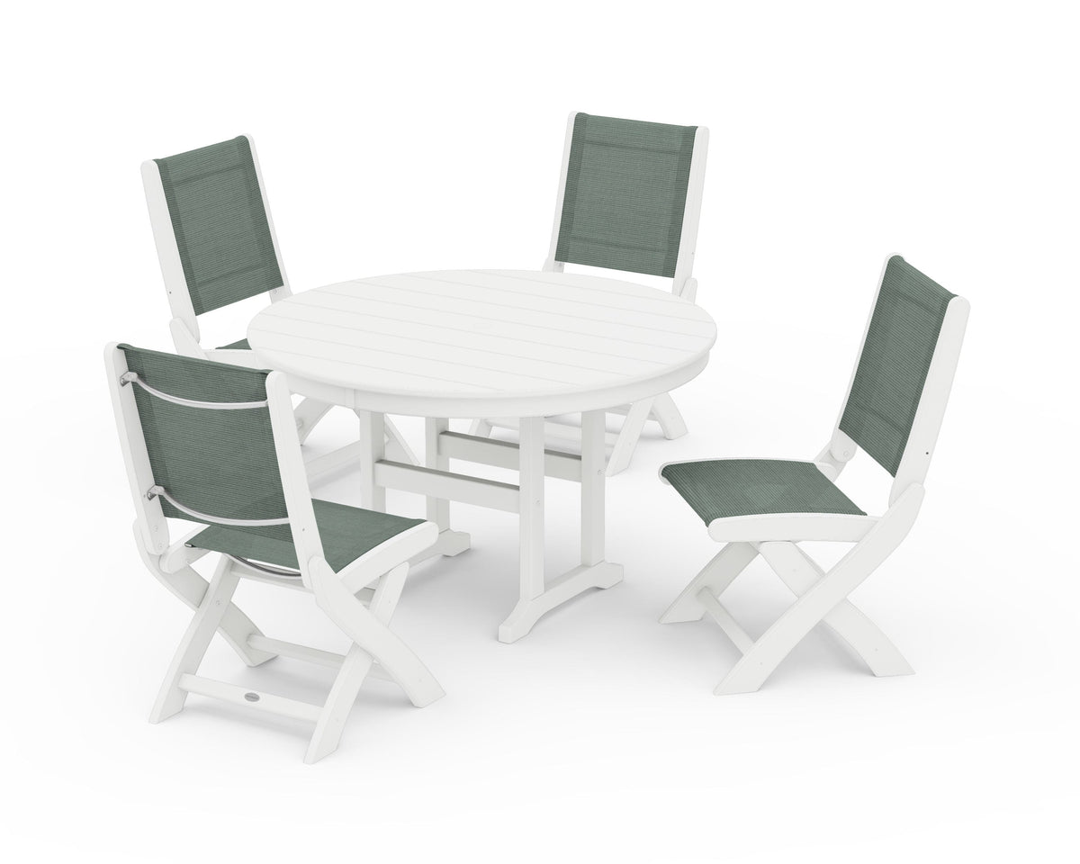 POLYWOOD Coastal Folding Side Chair 5-Piece Round Dining Set in White / Dupioni Sea Mist