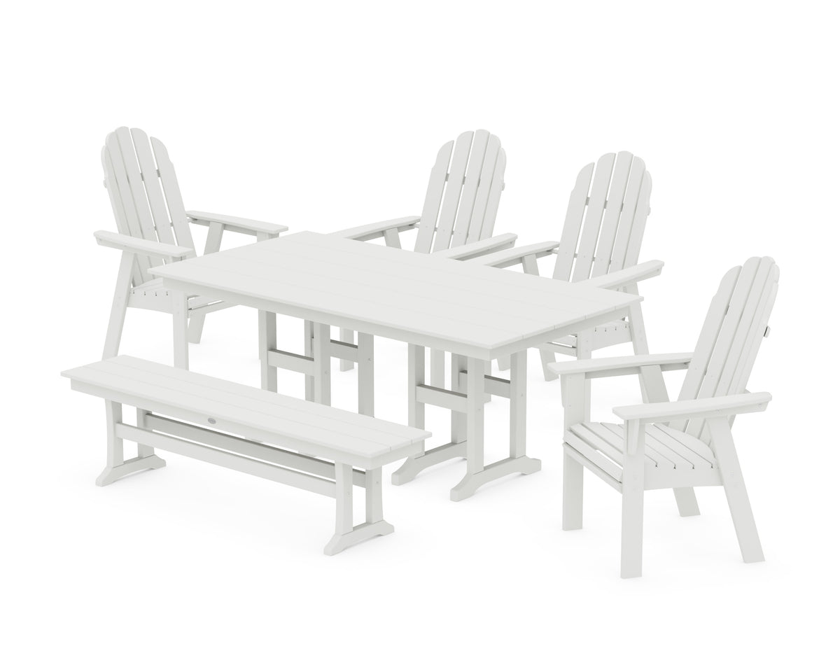 POLYWOOD Vineyard Curveback Adirondack Chair 6-Piece Farmhouse Dining Set with Bench in Vintage White