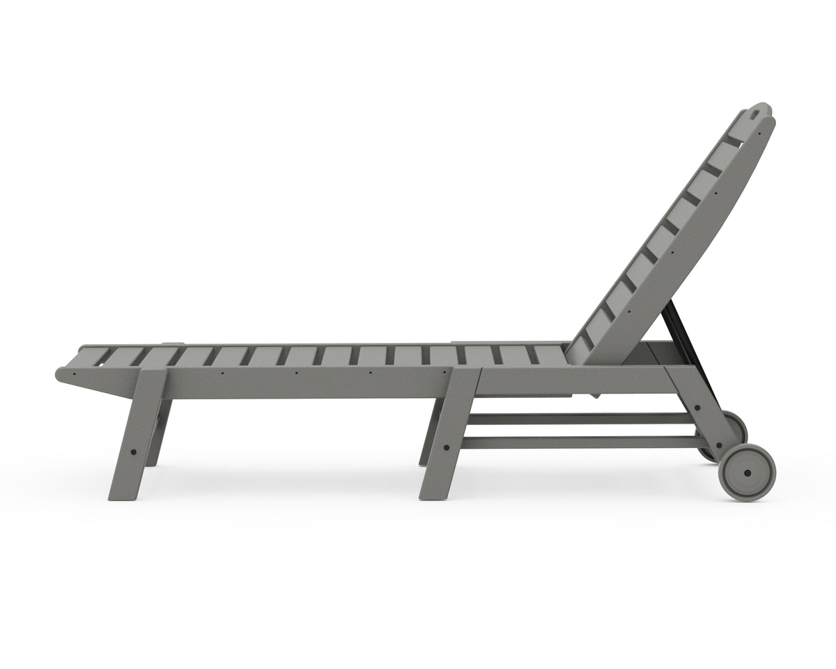 Second angled view of the POLYWOOD Nautical Chaise with Wheels in Slate Grey