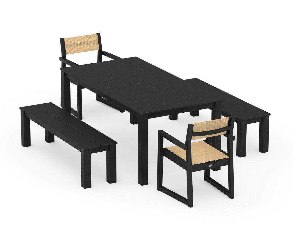 POLYWOOD EDGE Sling Arm Chair 5-Piece Parsons Dining Set with Benches in Black / Dupioni Apricot