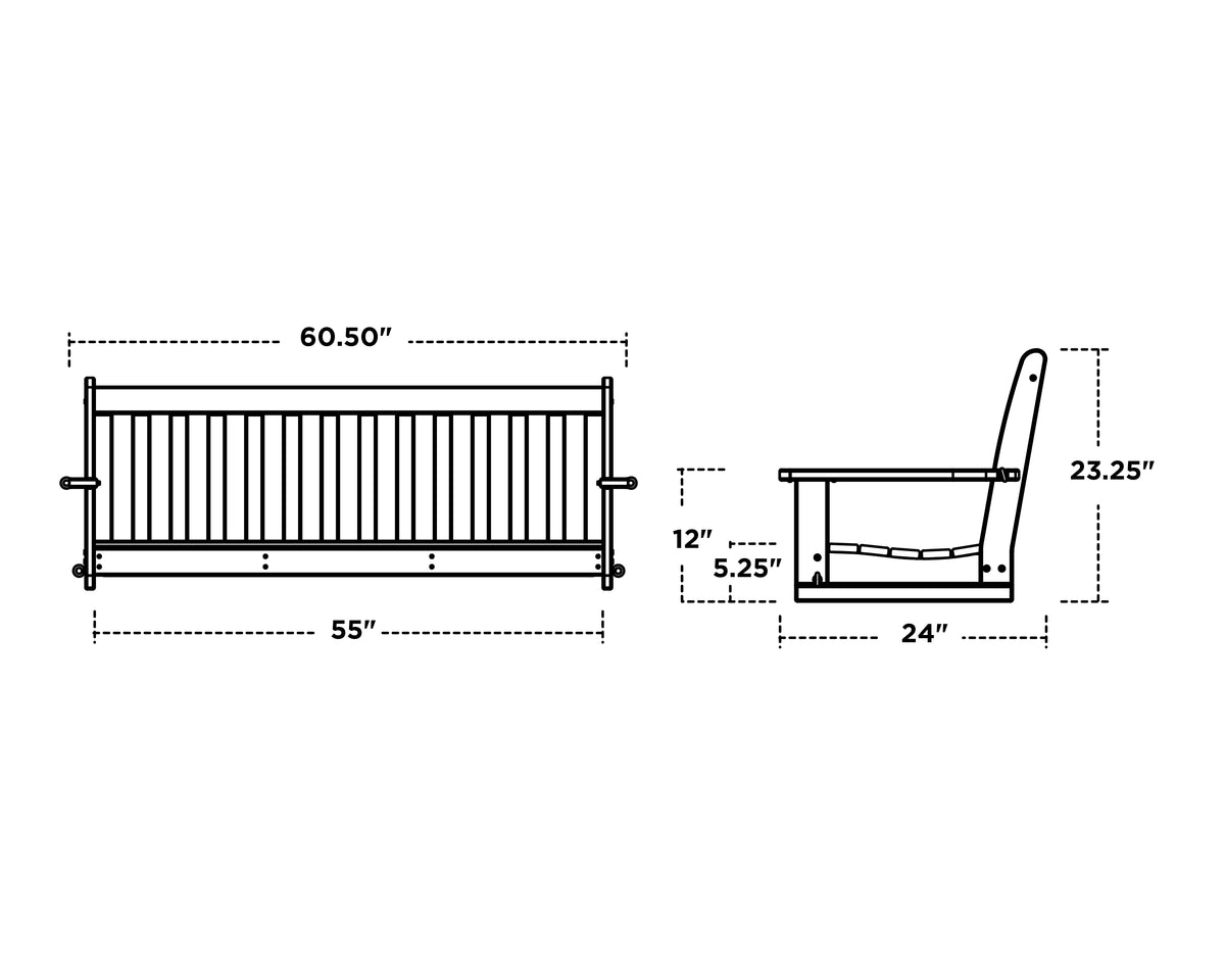 POLYWOOD Vineyard 60" Porch Swing dimension drawing with width, depth and height measurements