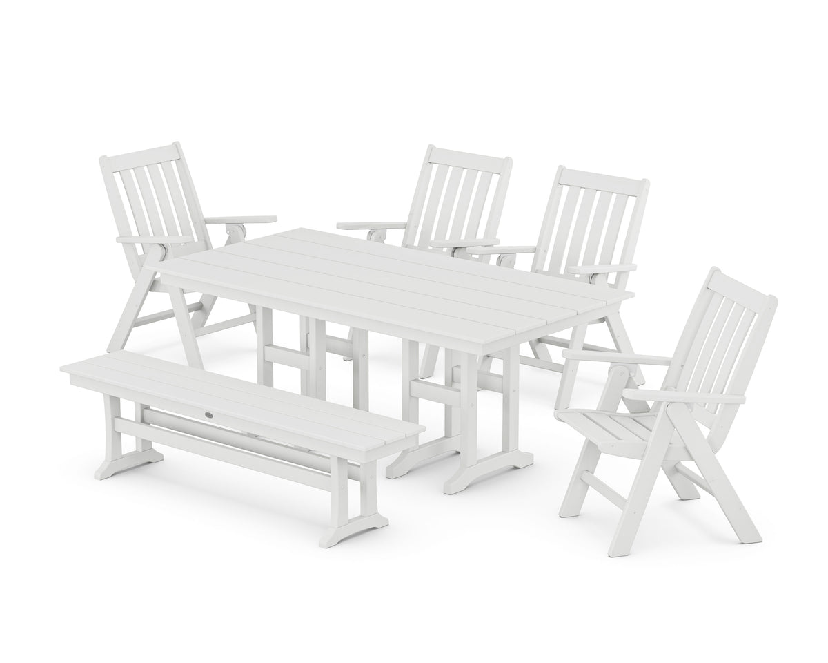 POLYWOOD Vineyard Folding Chair 6-Piece Farmhouse Dining Set with Bench in White