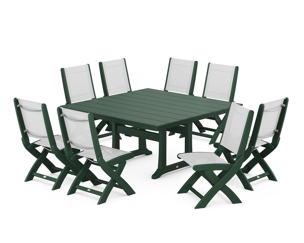 POLYWOOD Coastal Folding Side Chair 9-Piece Farmhouse Dining Set in Green / White